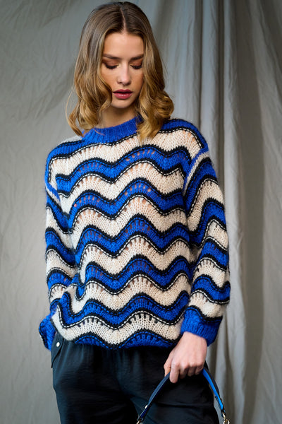Noella - Panama Knit Sweater . Electric Blue/Sand/Black